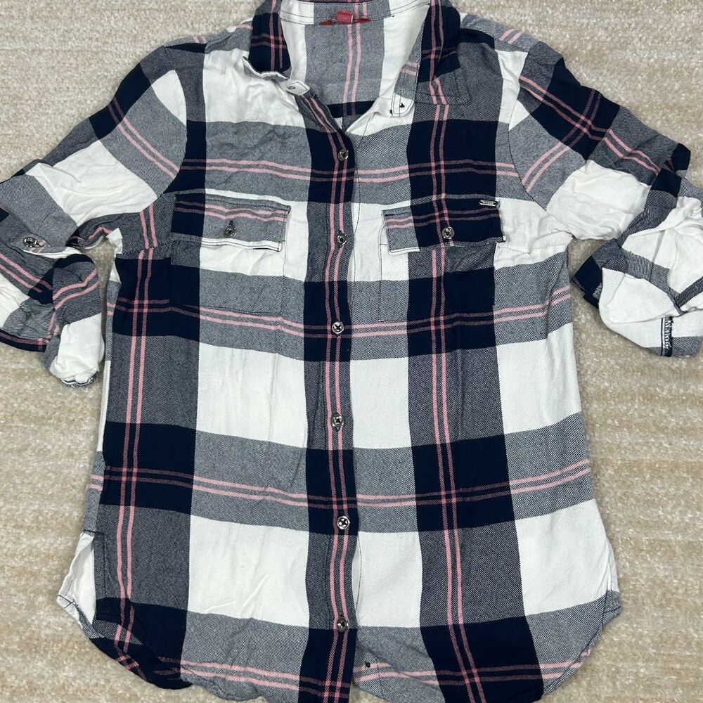 Guess Plaid Shirt Women's XS Black White Pink Flannel